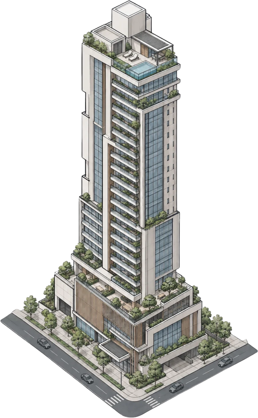 Desenho isométrico de um edifício residencial com embasamento comercial, pavimentos tipo com sacadas e cobertura com piscina